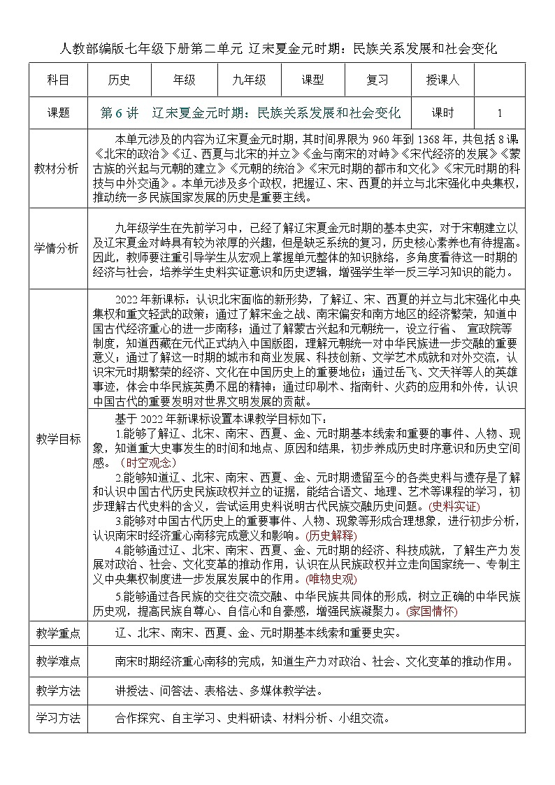 2026初中历史中考一轮复习06 辽宋夏金元时期：民族关系发展和社会变化（教案）第1页