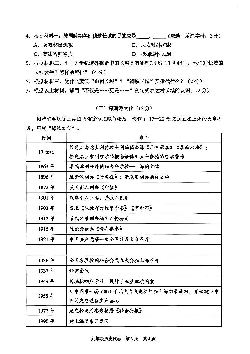 2026年上海市静安区初三上学期一模历史试卷和答案第3页