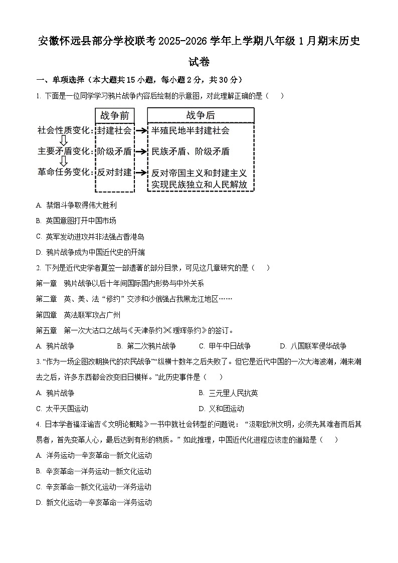 安徽省怀远县部分学校联考2025-2026学年八年级上学期1月期末历史试题（原卷版+解析版）第1页