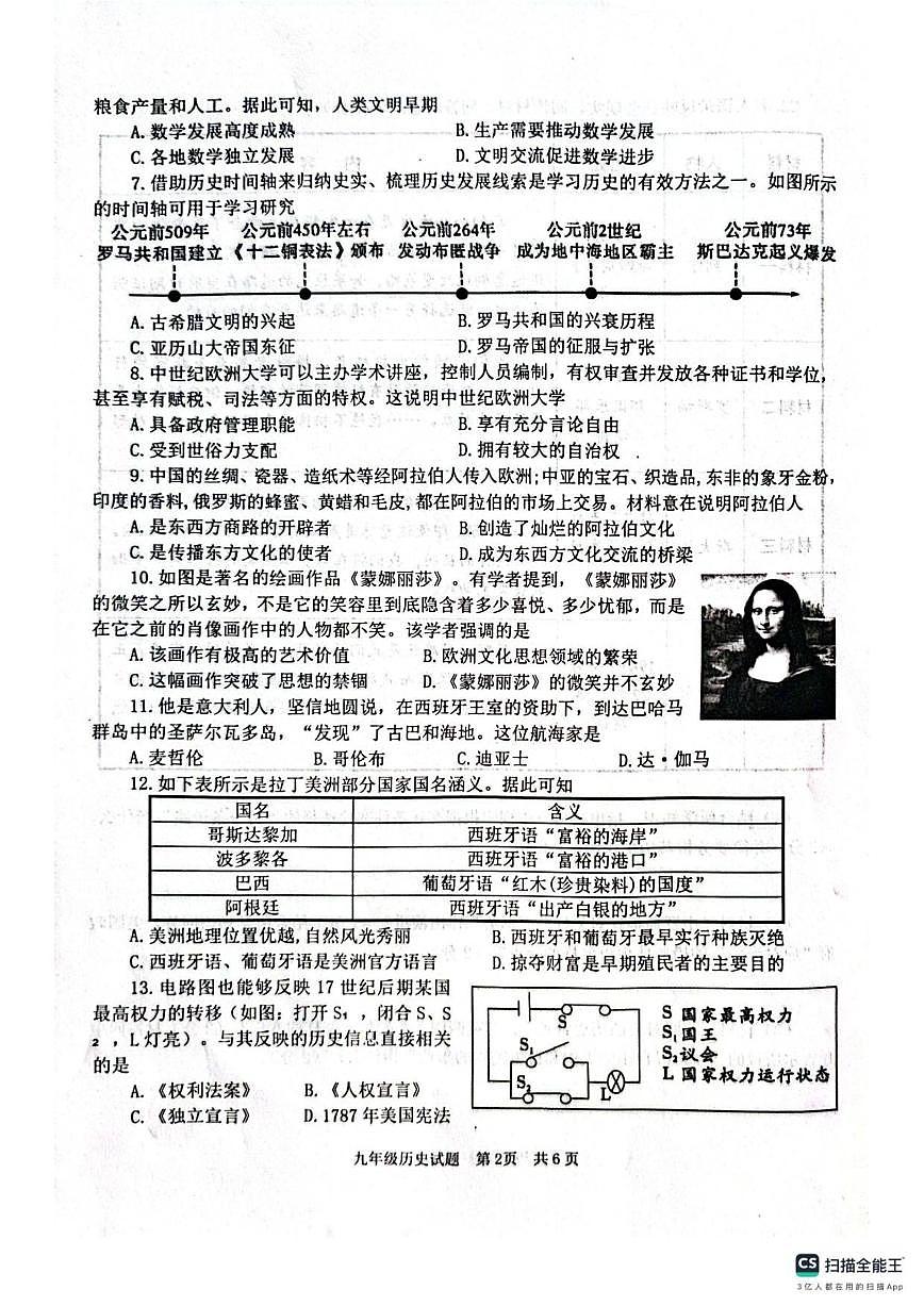 2025-2026学年山东省济宁市微山县九年级上学期期末历史试题（含答案）第2页