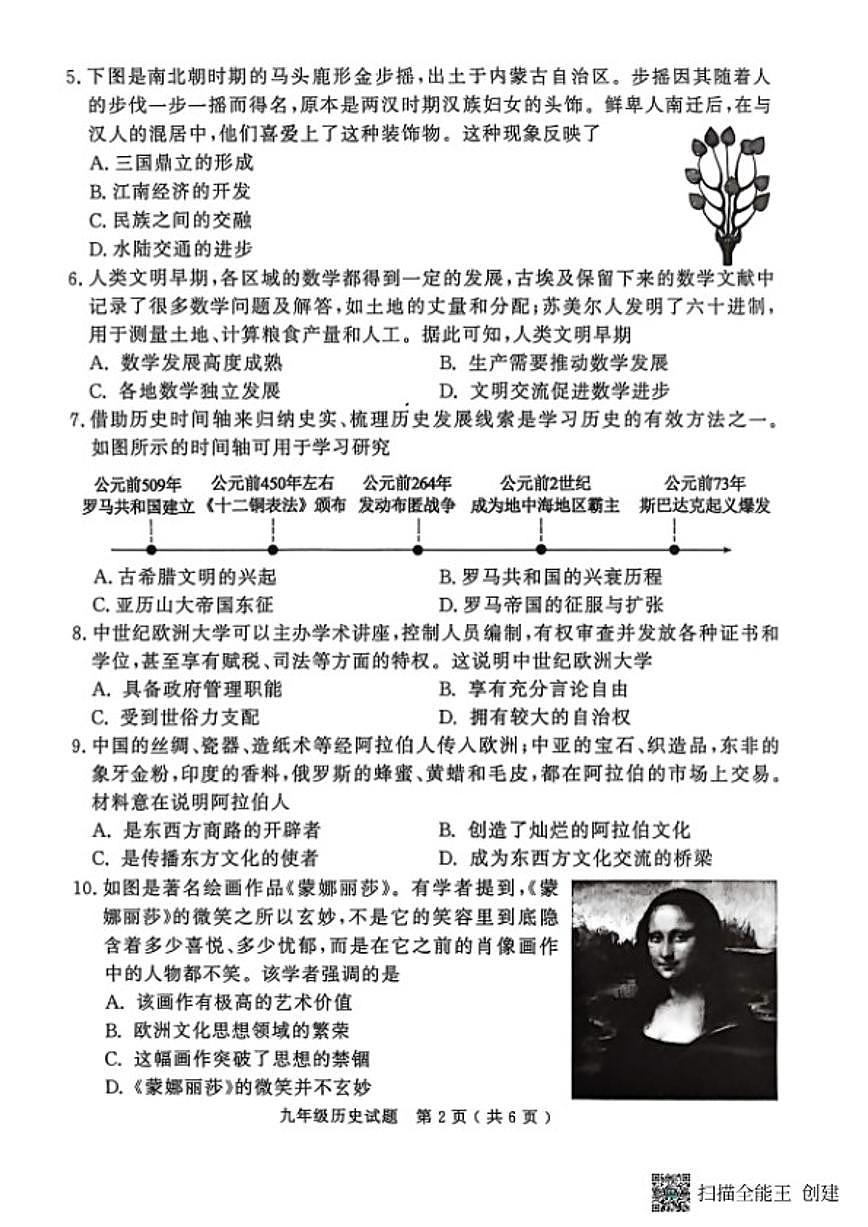 山东省济宁市梁山县2025--2026学年度九年级第一学期教学质量调研期末历史试题（含答案）第2页