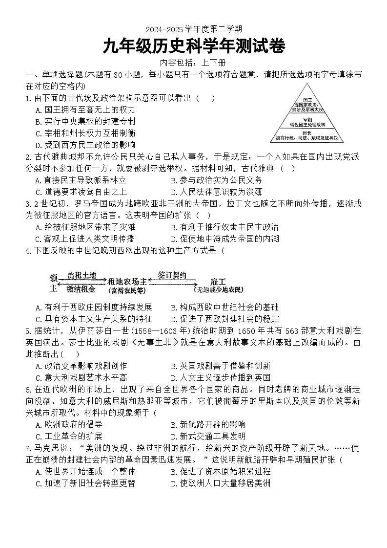 广东省汕头市潮南区陈店公校2024-2025学年九年级下学期4月月考历史试题（含答案）第1页