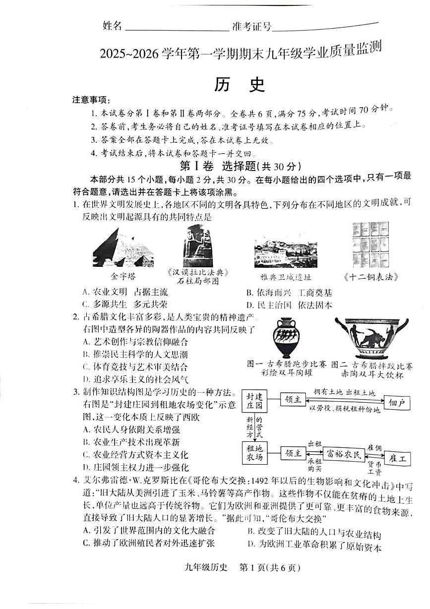 山西省运城市2025-2026学年第一学期期末九年级学业质量监测历史试题第1页
