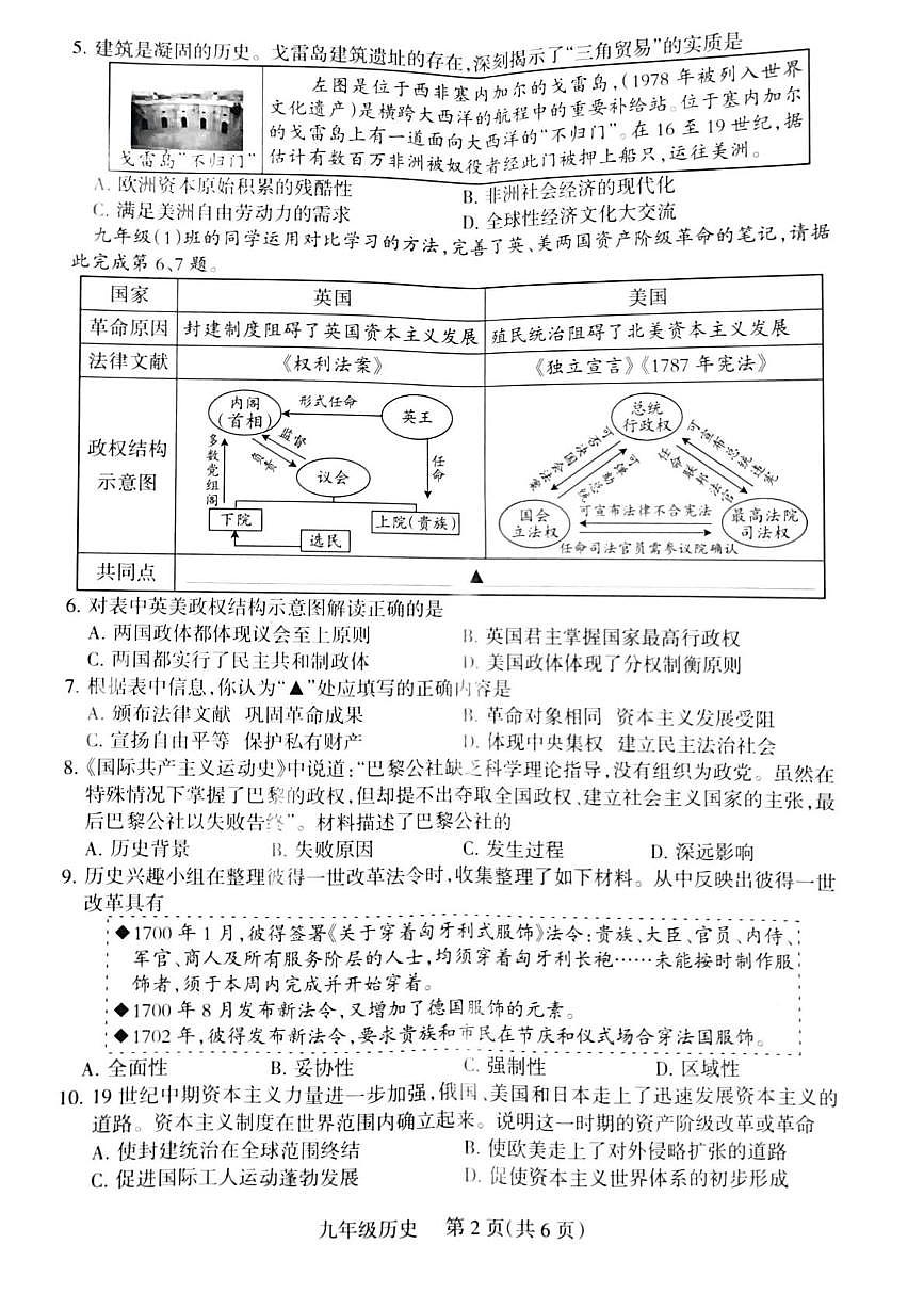 山西省运城市2025-2026学年第一学期期末九年级学业质量监测历史试题第2页
