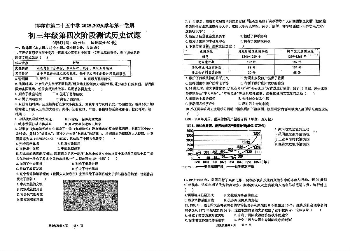 河北省邯郸市第二十五中学2025-2026学年九年级上学期第四次阶段测试历史试题（月考）第1页