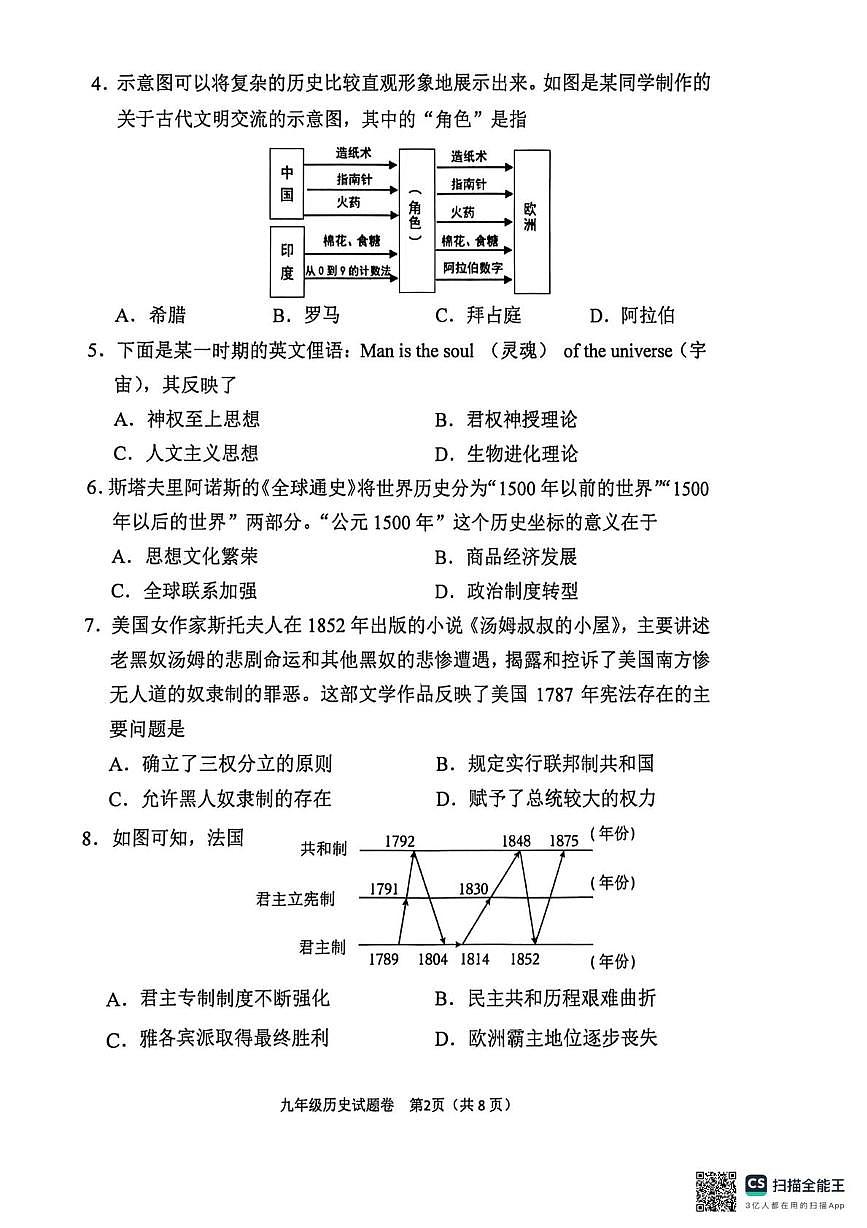 河南省南阳市实验中学、南阳市三中教育集团等2025年秋期上学期九年级期末质量评估历史试题第2页