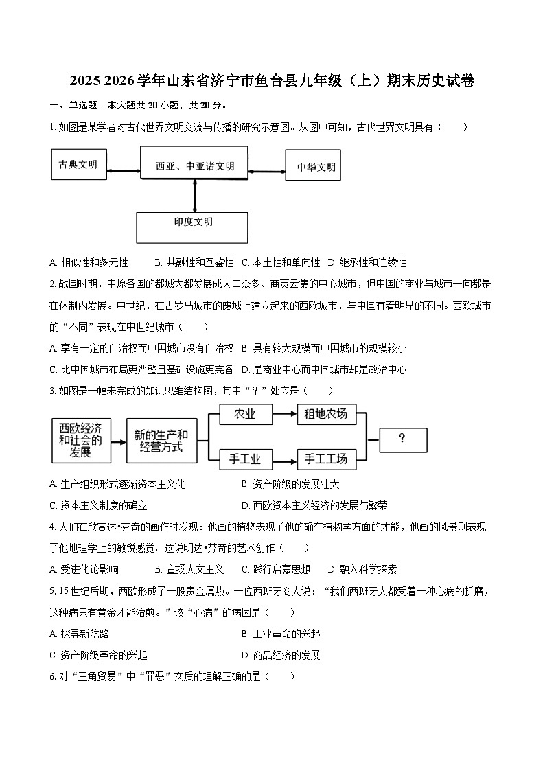 2025-2026学年山东省济宁市鱼台县九年级（上）期末历史试卷-自定义类型第1页