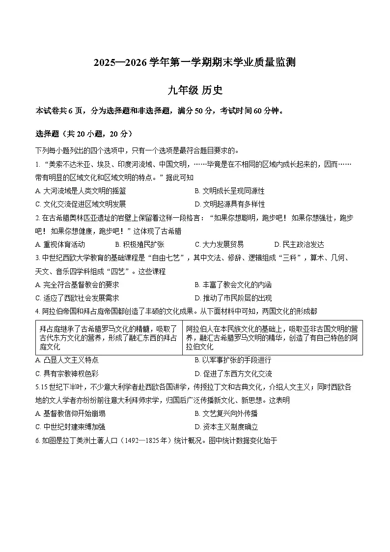 河南省安阳市滑县老店镇第一初级中学2025-2026学年九年级第一学期期末学业质量监测历史试题含答案第1页