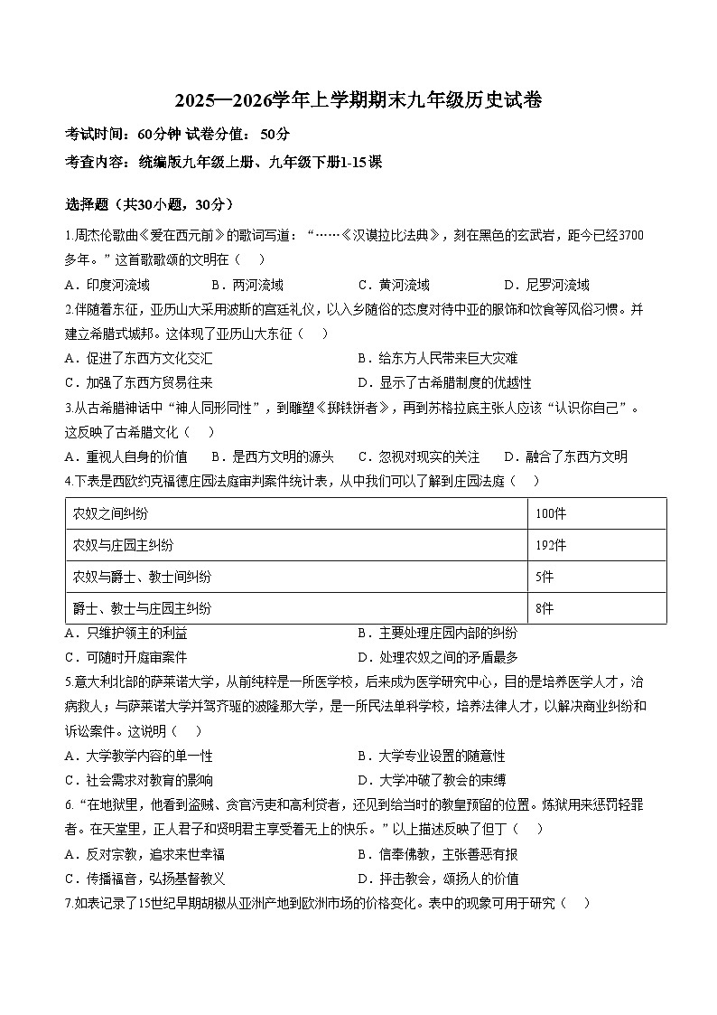 河南河大附中2025_2026学年上学期期末九年级历史试卷（扫描版，含答案）第1页