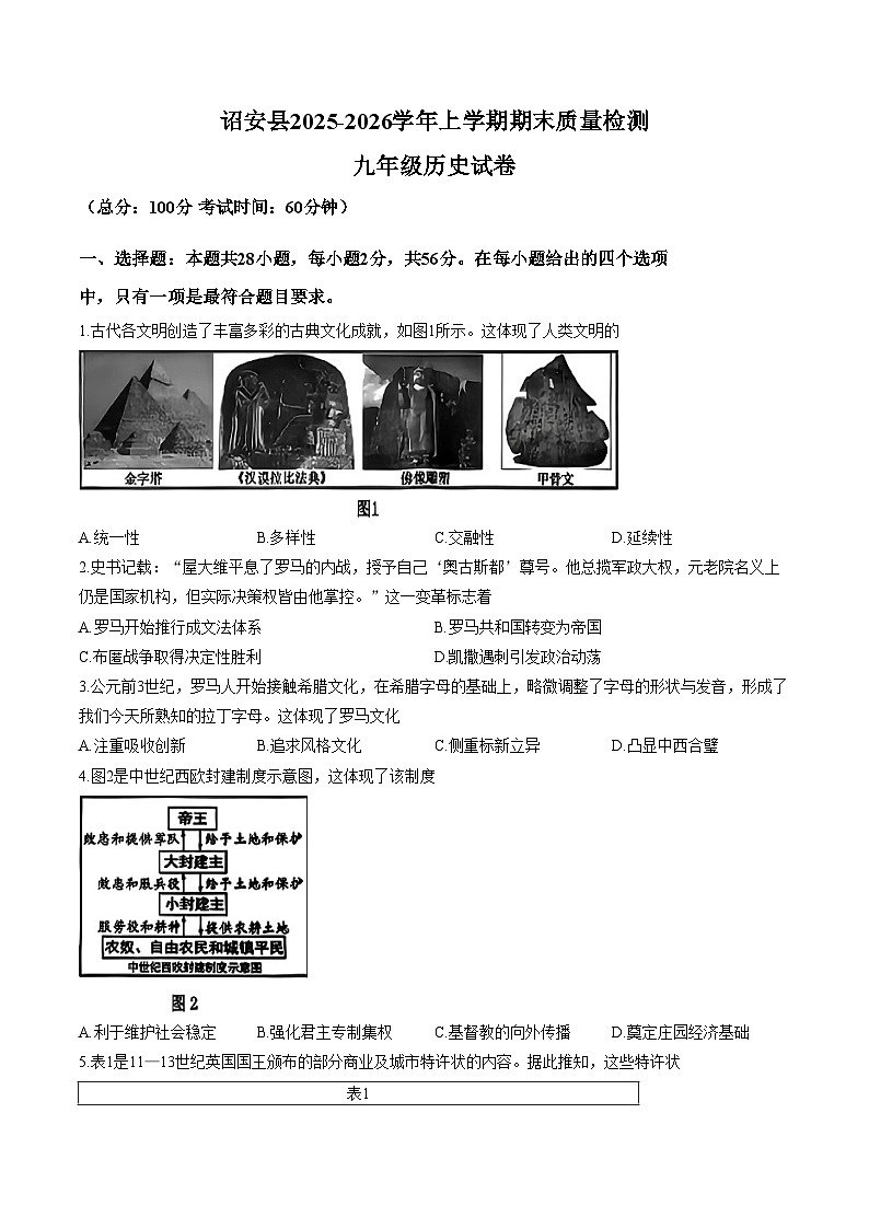 2025_2026学年福建省漳州市诏安县九年级上学期期末考试历史试题（扫描版，含答案）第1页