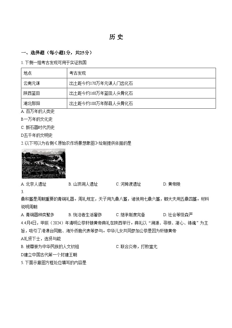 吉林省长春市市九台2025_2026学年七年级上学期期末历史试题（文字版，含答案）第1页
