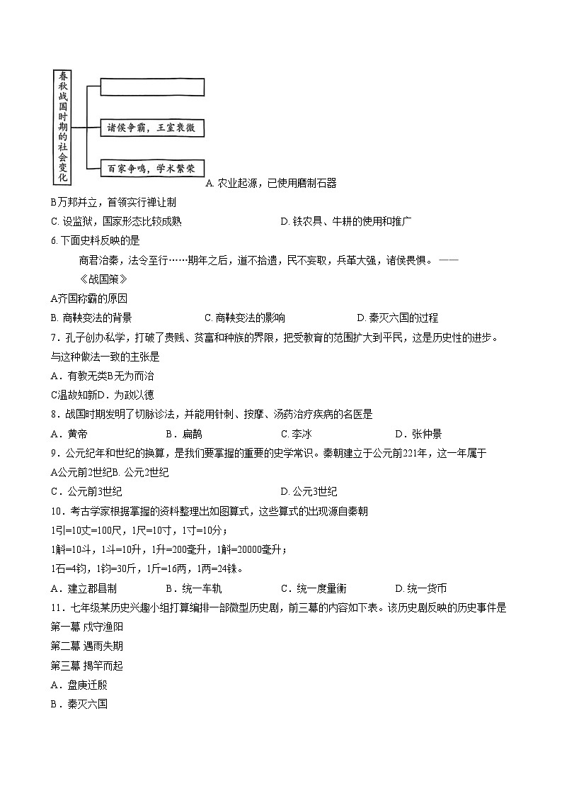 吉林省长春市市九台2025_2026学年七年级上学期期末历史试题（文字版，含答案）第2页