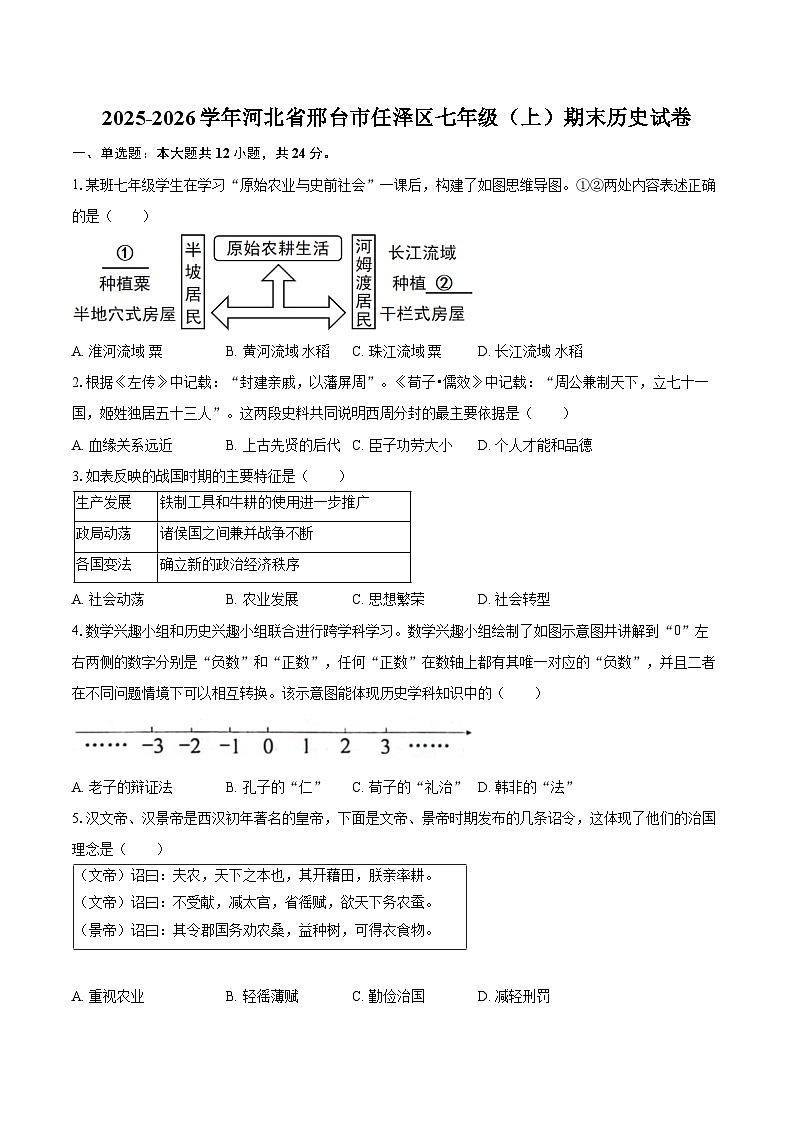 2025-2026学年河北省邢台市任泽区七年级（上）期末历史试卷（含答案）第1页