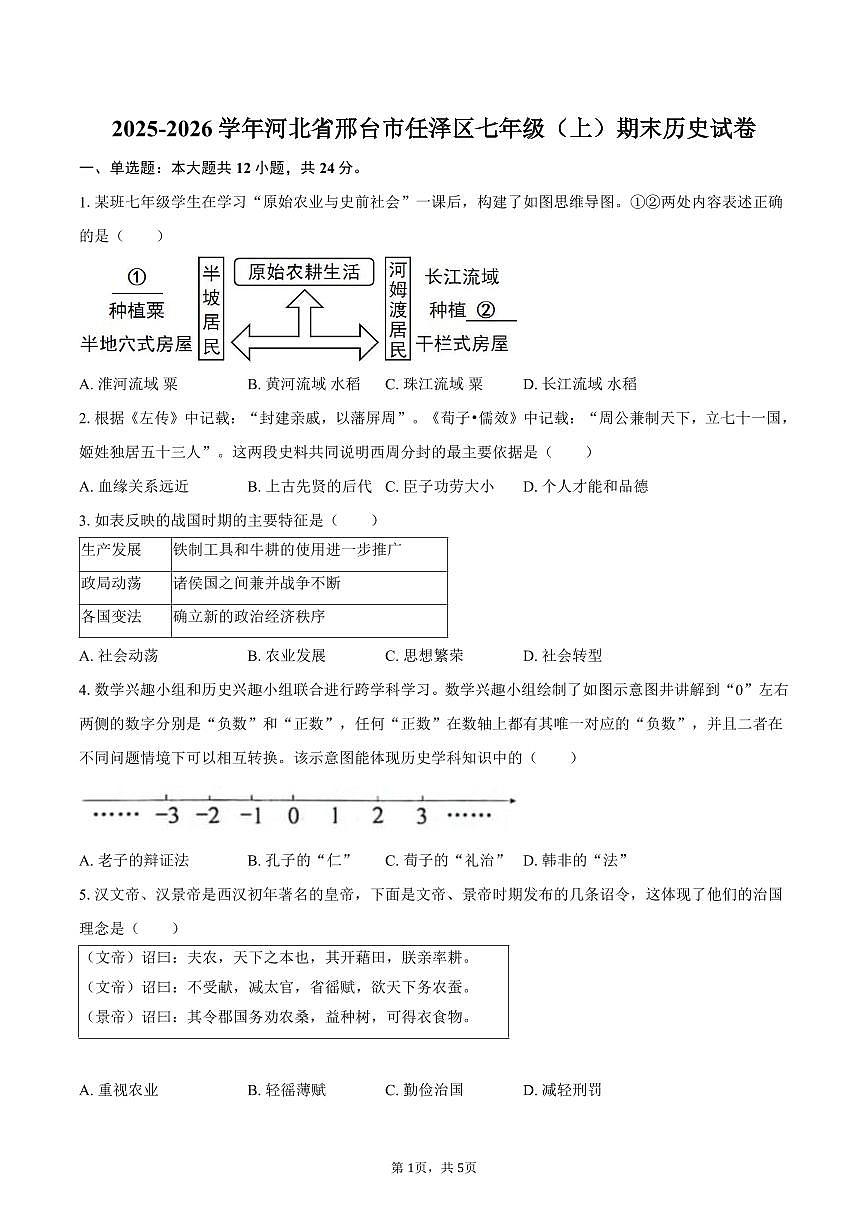 2025-2026学年河北省邢台市任泽区七年级（上）期末历史试卷（含答案）第1页