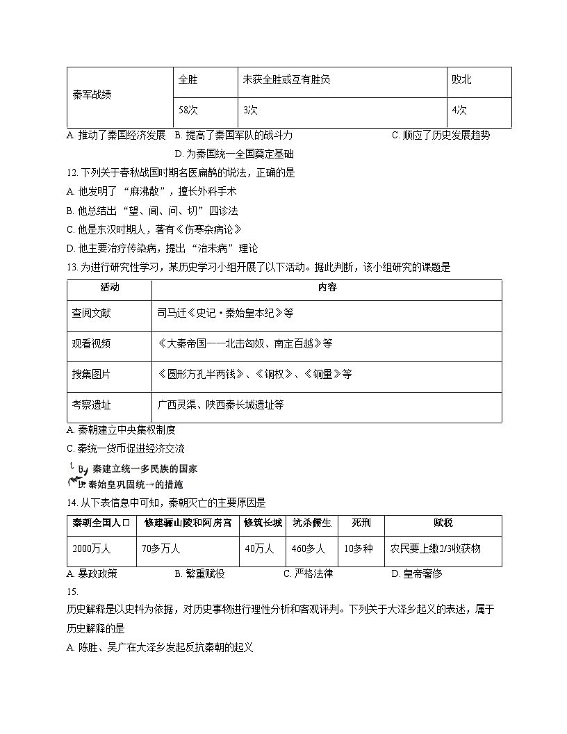 辽宁省朝阳市双塔区朝阳一中2025_2026学年上学期七年级历史期中试题（文字版，含答案）第3页