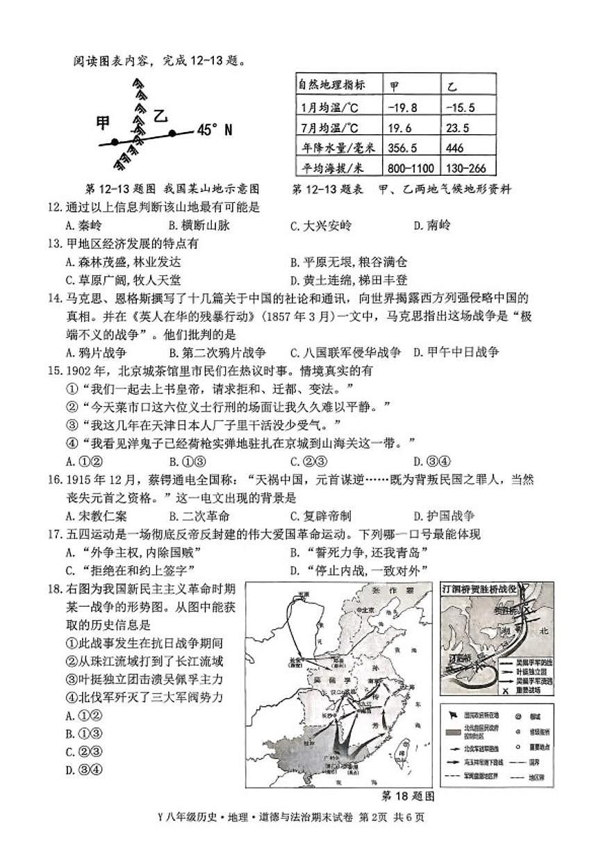 浙江省台州市玉环市2025学年八年级第一学期期末教学质量检测历史地理道德与法治卷（无答案）第2页