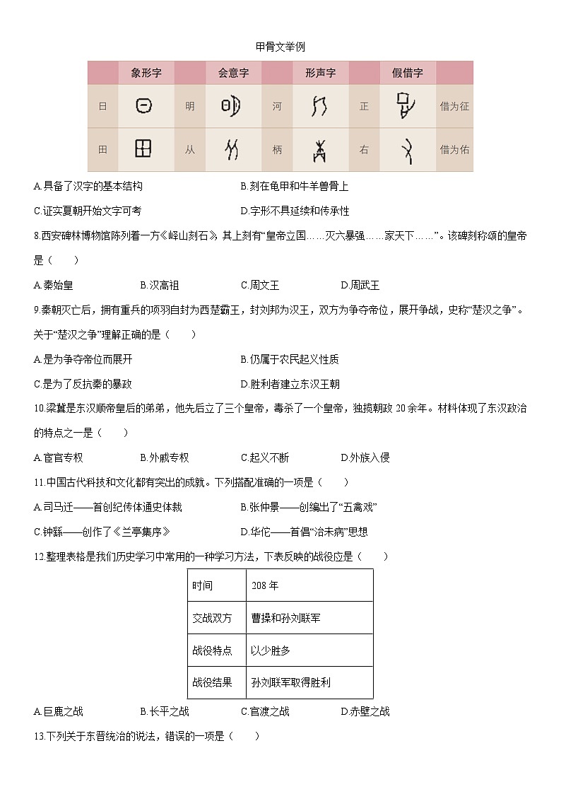 2025-2026学年湖南省祁阳市七年级上学期期末质量检测历史试卷（学生版）第2页