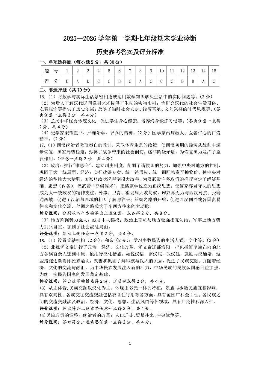 历史参考答案及评分标准第1页