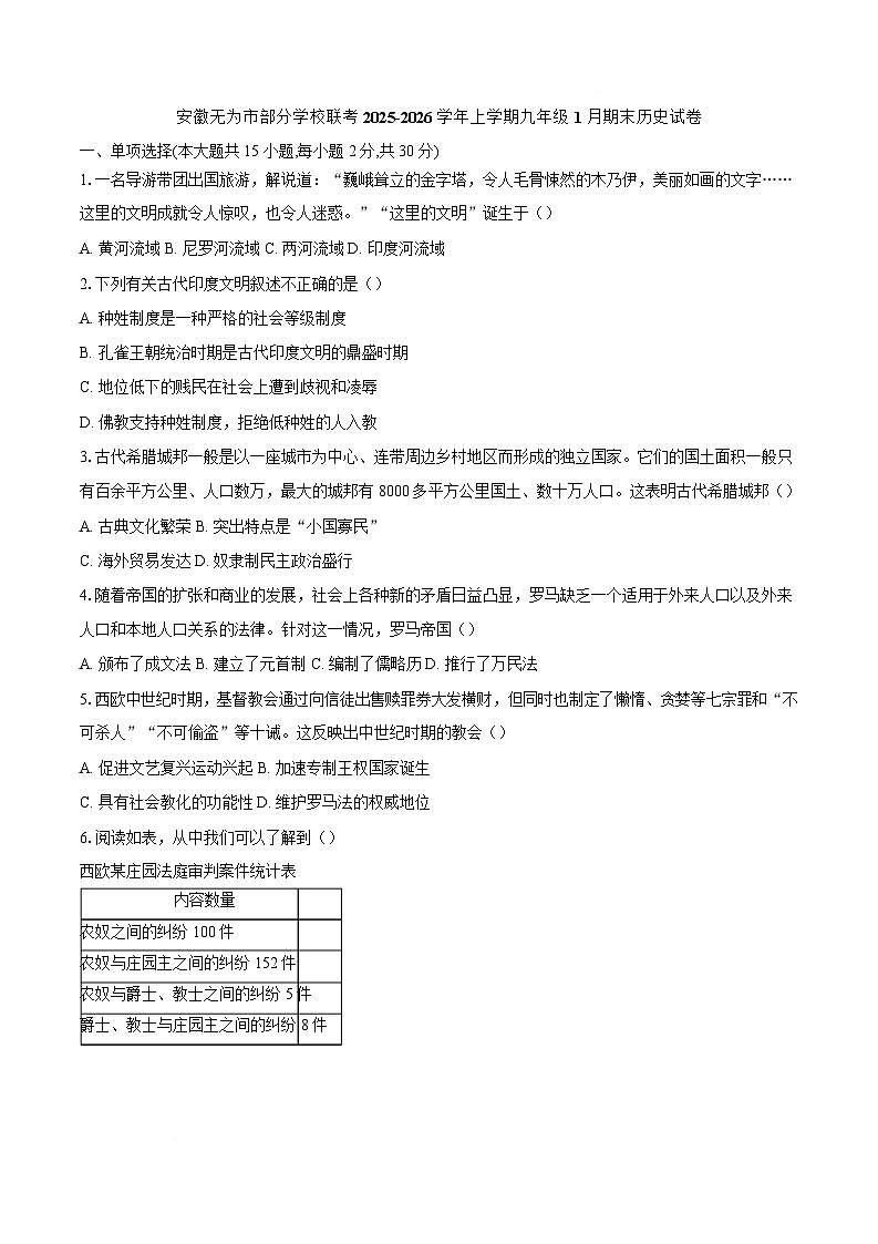 2025—2026学年度安徽省芜湖市无为市部分学校九年级上学期期末考试历史试题（含答案）第1页