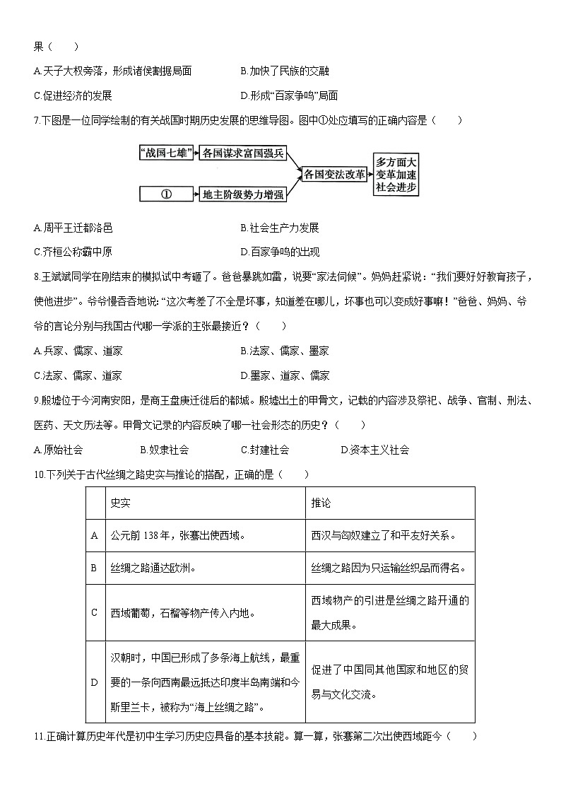 2024-2025学年新疆阿克苏阿瓦提县七年级上学期期末质量监测历史试卷（学生版）第2页