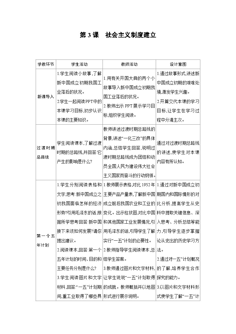 人教版八年级历史下册第一单元第3课 社会主义制度建立教案第1页
