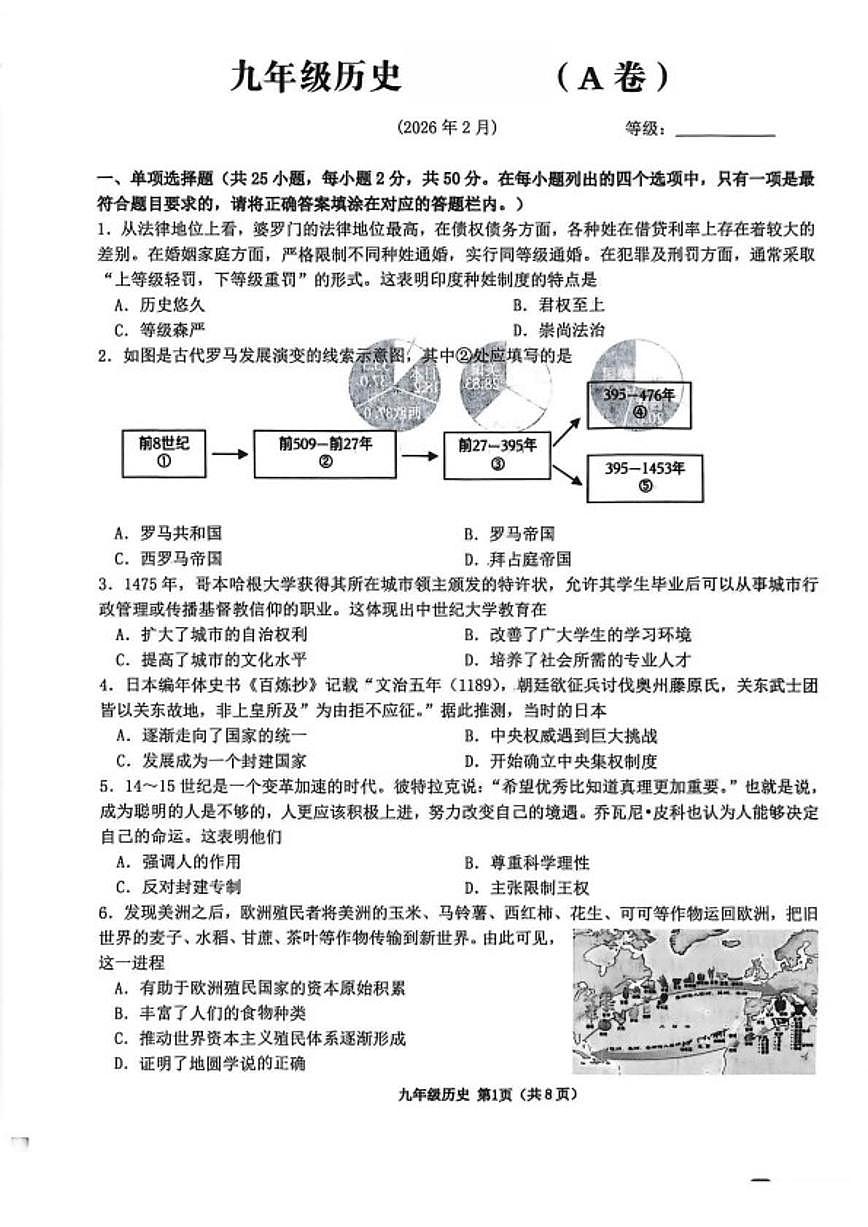 2026届山东省临沂市沂水县九年级上学期末考试历史试卷（含答案）第1页
