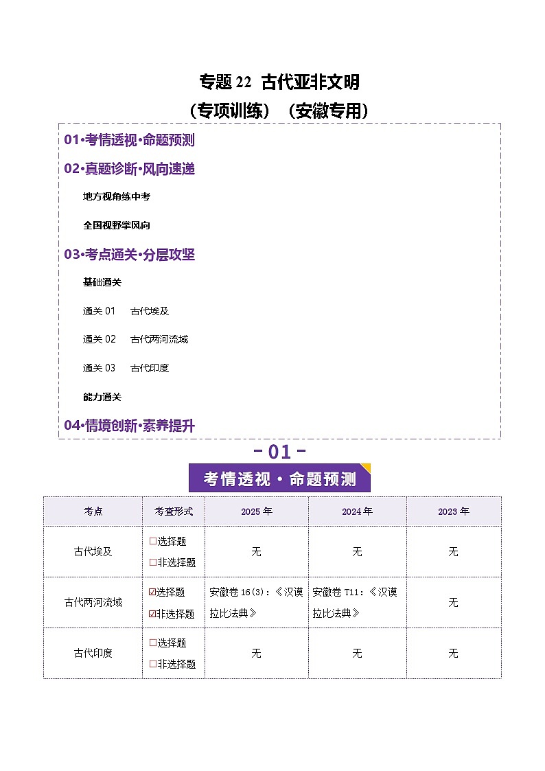专题22 古代亚非文明-安徽省2026年中考历史一轮复习专项训练（解析版）第1页