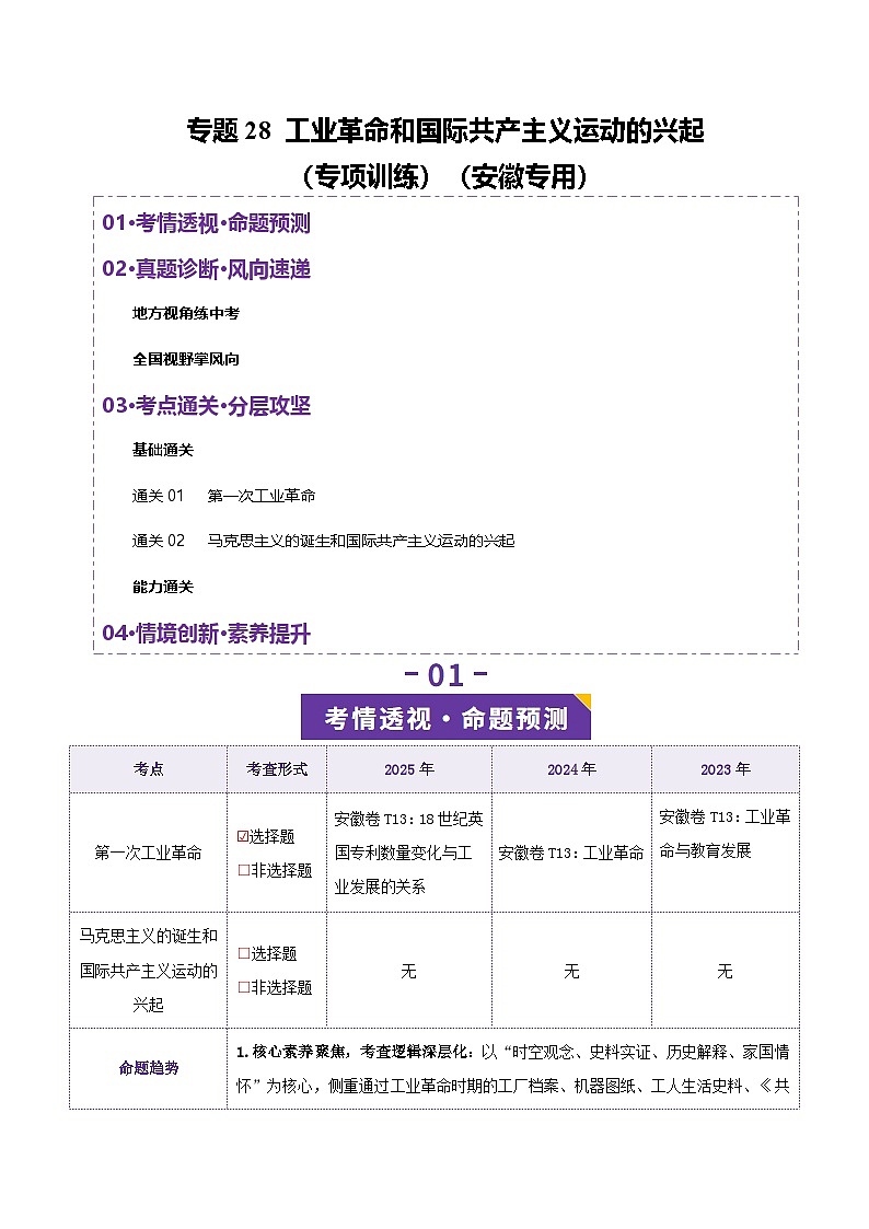 专题28 工业革命和国际共产主义运动的兴起-安徽省2026年中考历史一轮复习专项训练（解析版）第1页