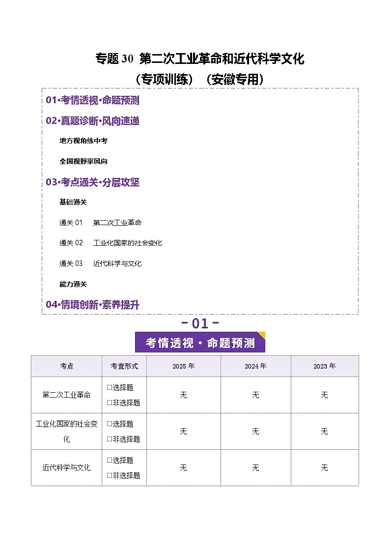 专题30 第二次工业革命和近代科学文化-安徽省2026年中考历史一轮复习专项训练（原卷版）第1页