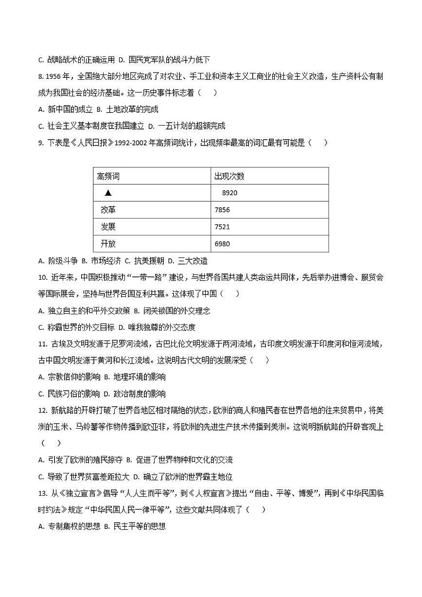 2026年青海省西宁市城区初中毕业、升学考试历史模拟试题（含答案）第2页