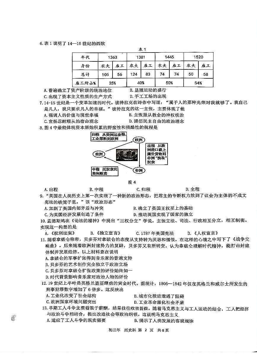 2025-2026学年福建省漳州市九年级上学期期末学情调研历史试题（含答案）第2页
