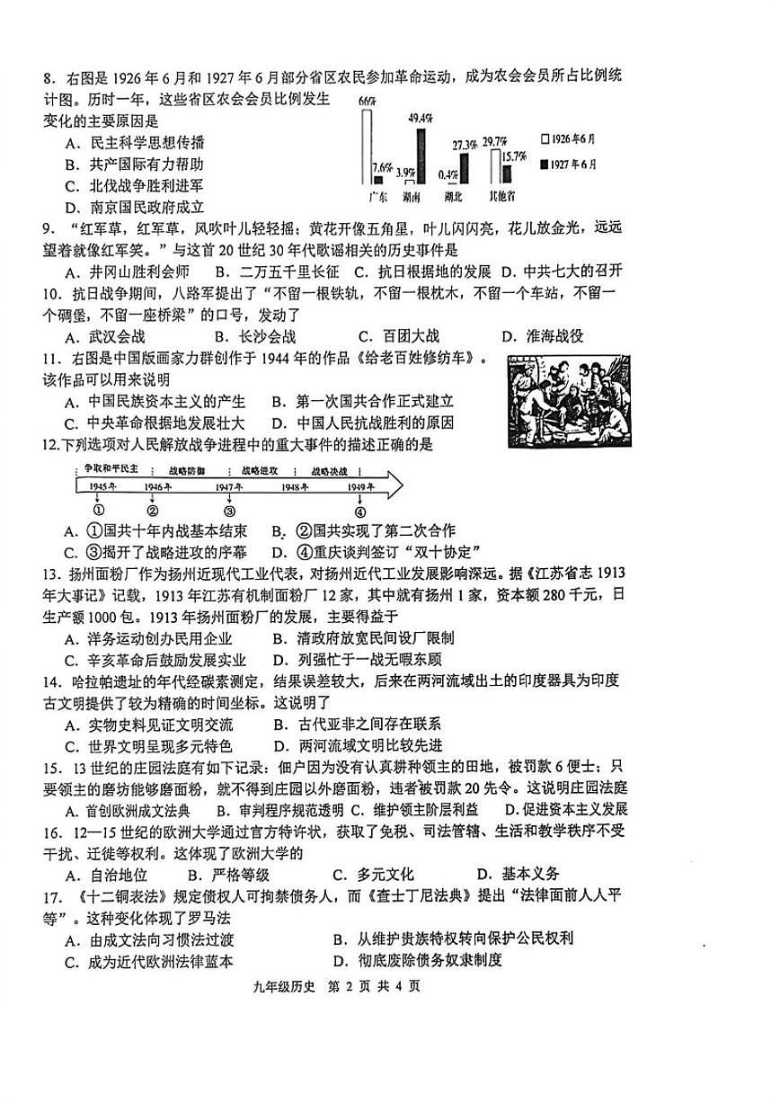 2025-2026学年江苏扬州市高邮市度九年级第一学期期末学业质量监测历史试题（含答案）第2页