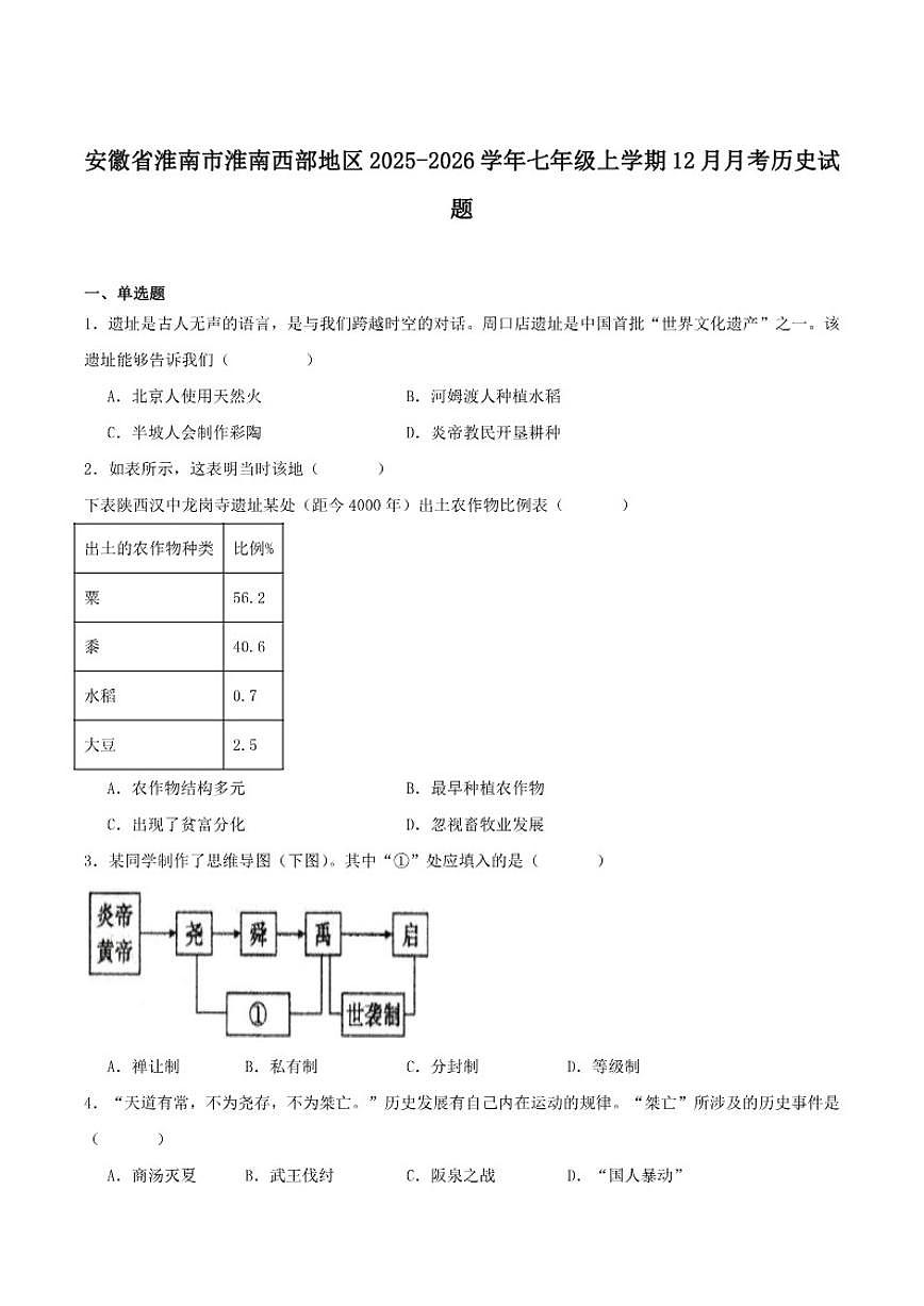 2025-2026学年安徽省淮南市西部地区七年级上学期12月月考历史（含答案）试卷第1页