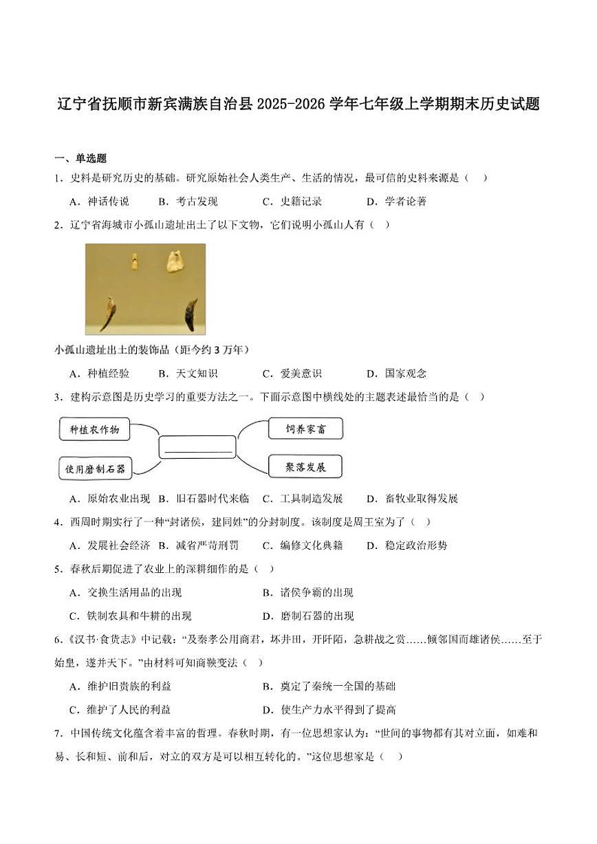 2025-2026学年辽宁省抚顺市新宾满族自治县七年级上学期1月期末考试历史试卷（含答案）第1页