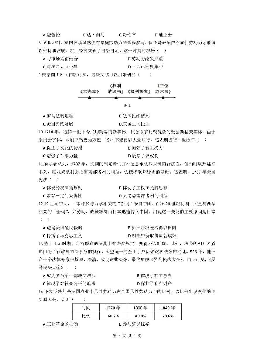 安徽省全椒县2025—2026学年第一学期九年级历史期末质量检测）试卷（含答案）第2页