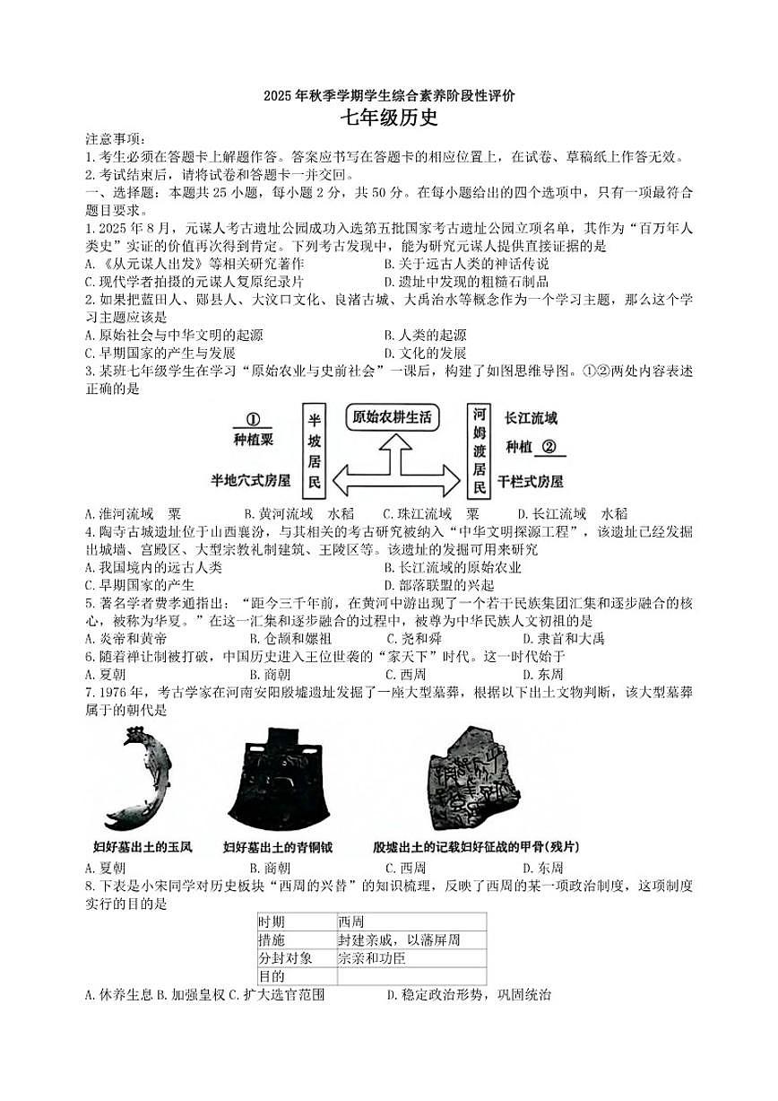 2025-2026学年云南省昭通市昭阳区七年级上学期1月期末历史试题（含答案）第1页