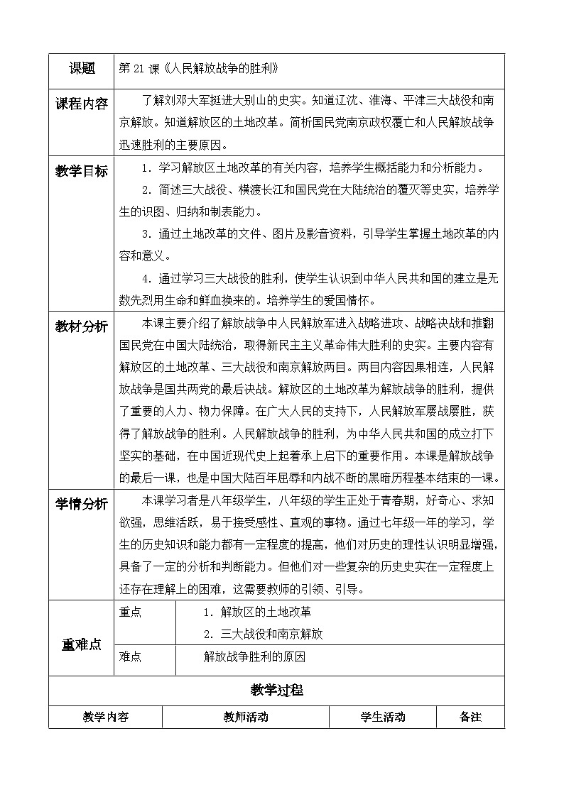 人教版初中历史八年级上册（2024）第21课 人民解放战争的胜利 教案第1页