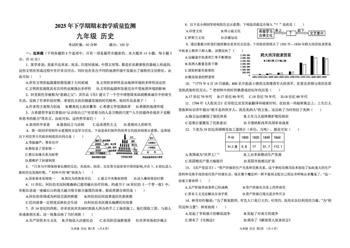 2025-2026学年湖南郴州市汝城县九年级上学期期末教学质量监测历史试题（含答案）第1页