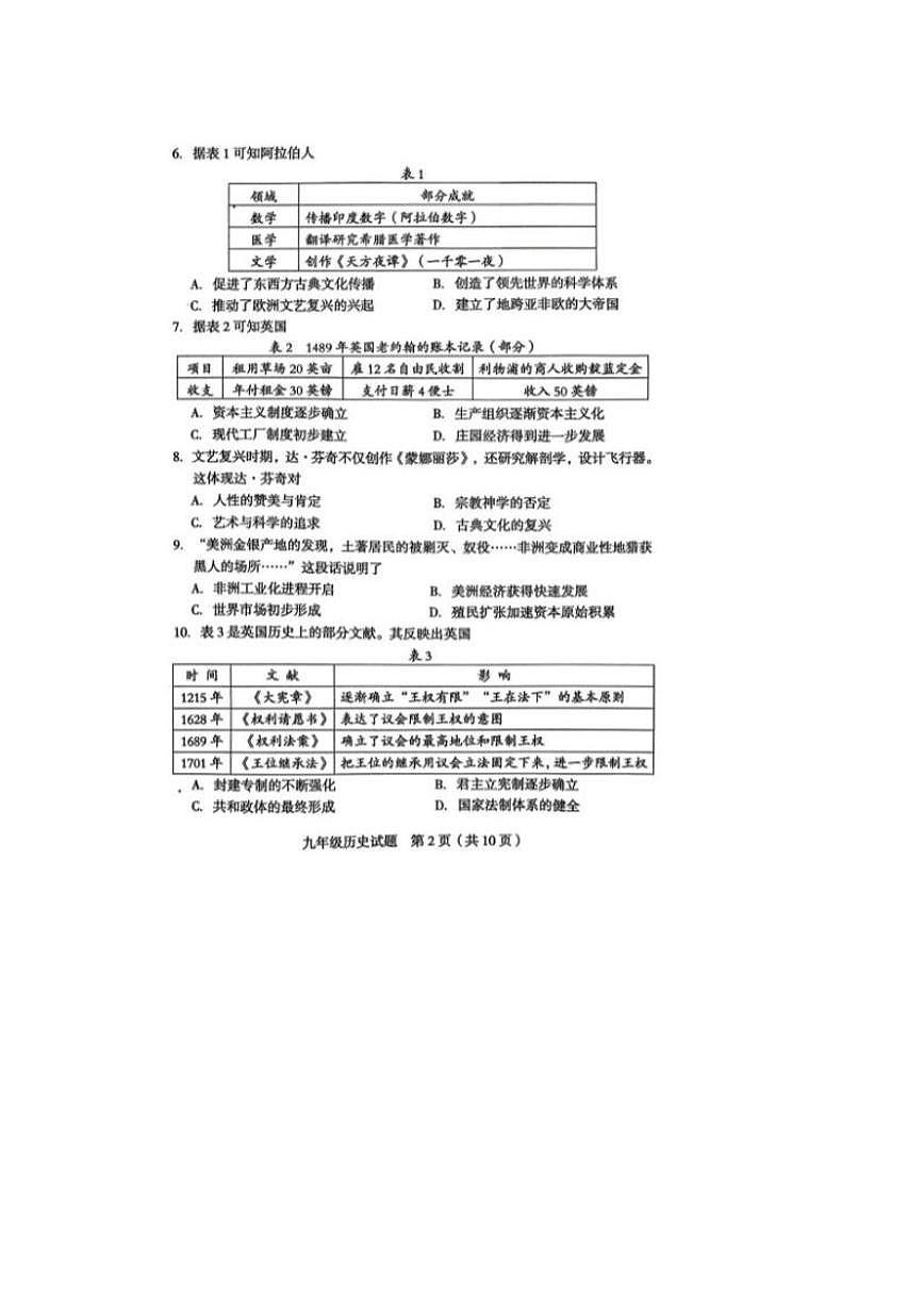 浙江省龙岩市2025--2026学年度第一学期期末九年级质量检测历史试题（含答案）第2页
