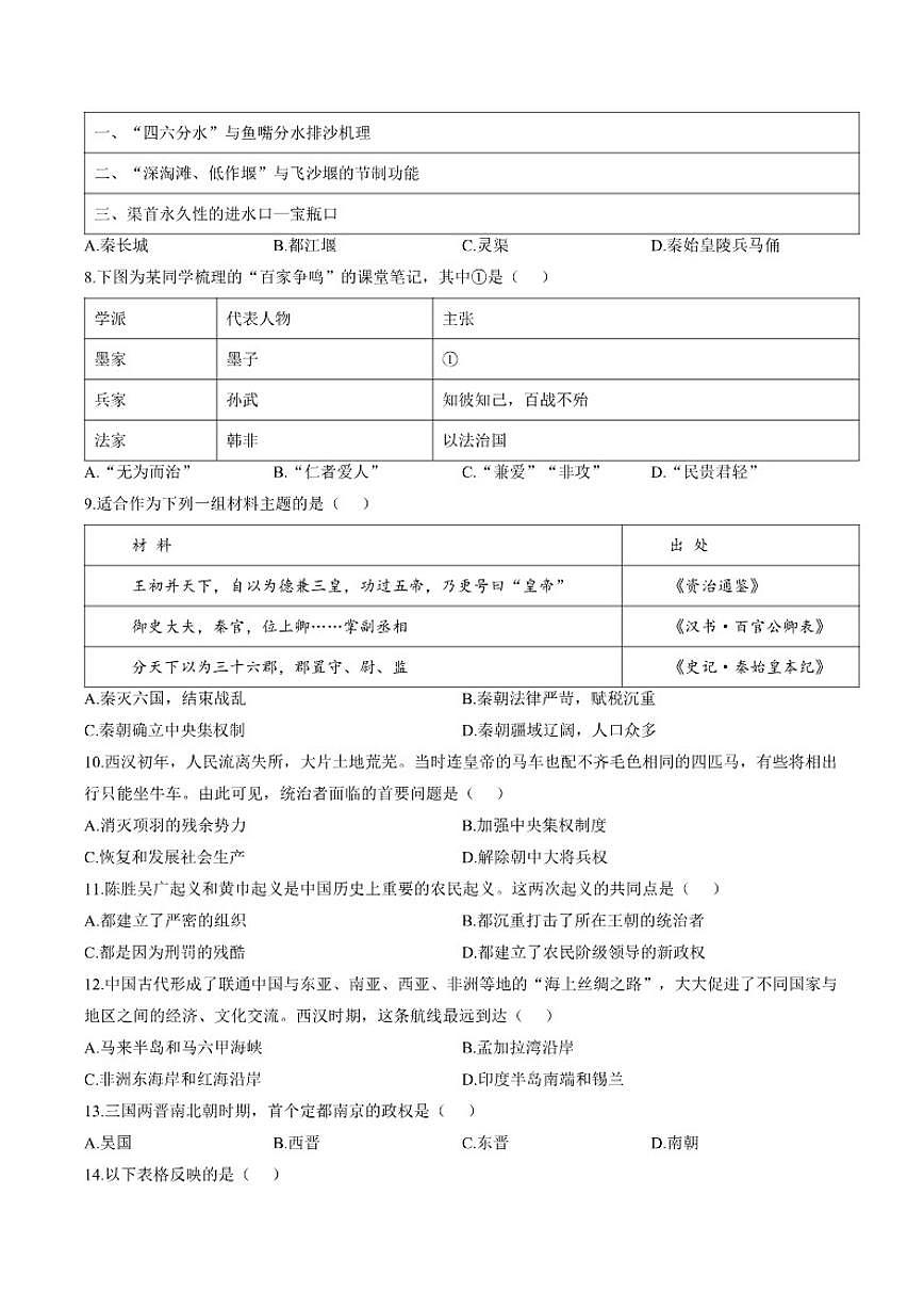 2025-2026学年安徽省安庆市岳西县部分学校联考七年级上学期2月期末历史试题（含答案）第2页