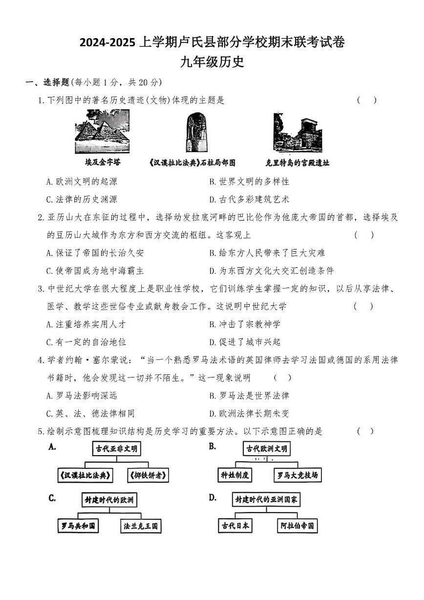 2024-2025上学期河南省卢氏县部分学校期末联考九年级历史试卷（含答案）第1页