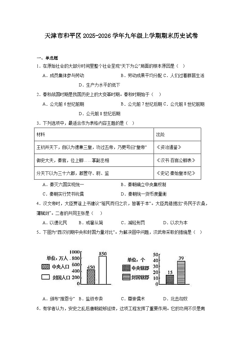2025—2026学年度天津市和平区九年级上学期期末历史试题（含答案）（中国史_九上）第1页