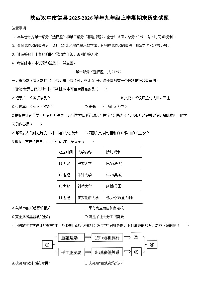 2025-2026学年陕西汉中市勉县九年级上学期期末历史试卷（学生版）第1页