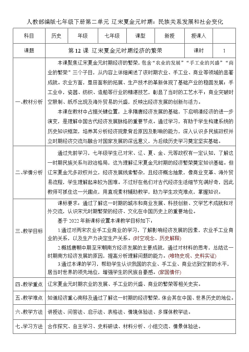 第12课 辽宋夏金元时期经济的繁荣（教案）-人教版初中历史七年级下册第1页
