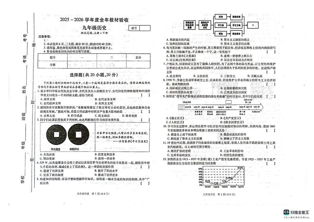 河南付集成才学校等校2025-2026学年九年级上学期1月期末历史试题第1页