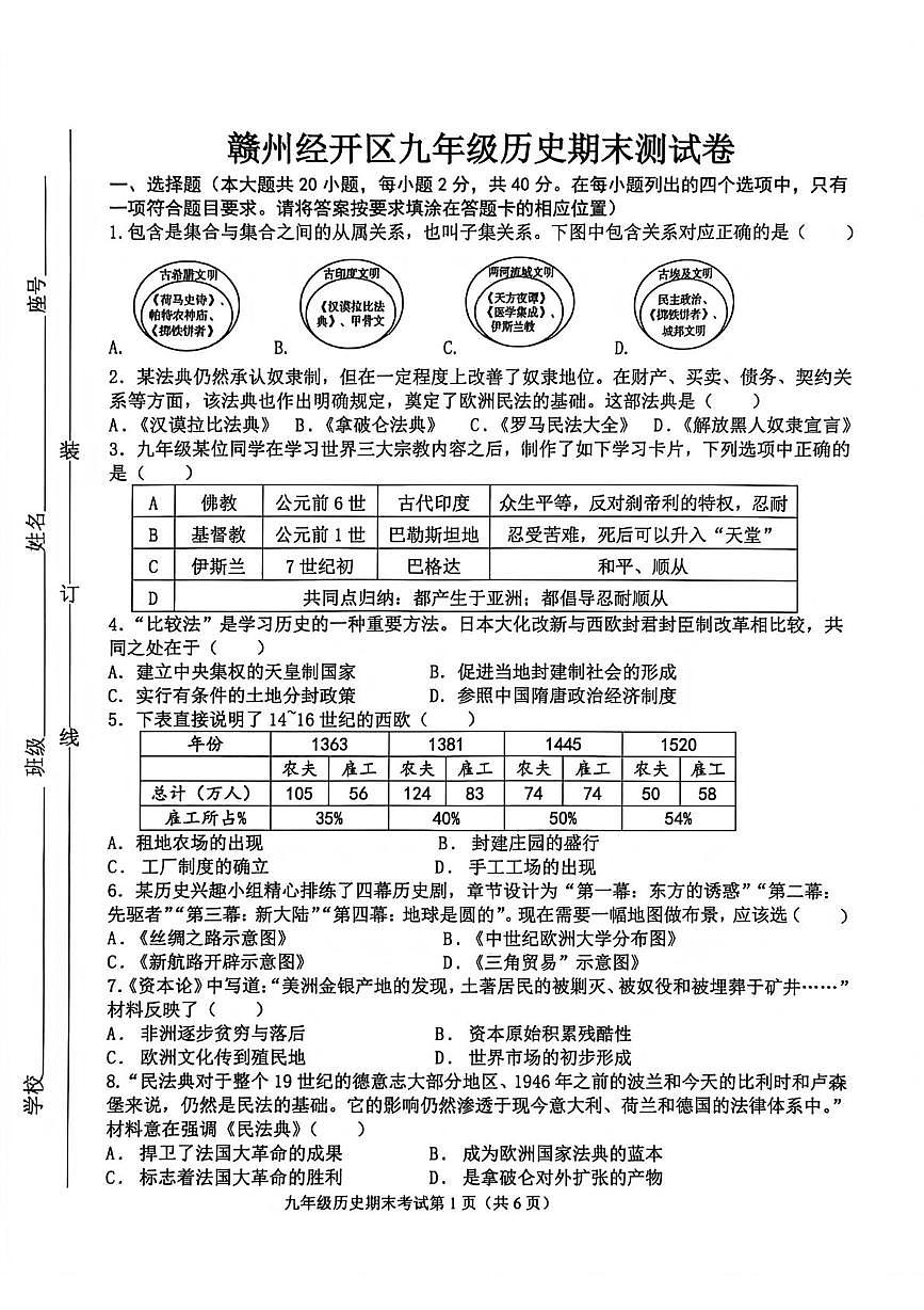 江西赣州市2025-2026学年九年级上学期期末考试历史试题第1页
