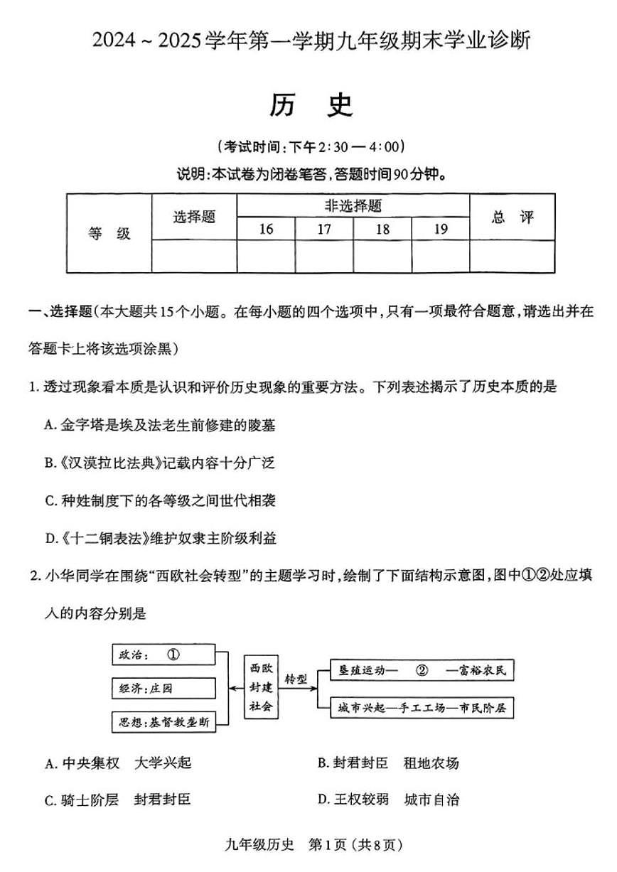2024-2025学年山西省太原市上学期九年级期末学业诊断历史试题（含答案）第1页