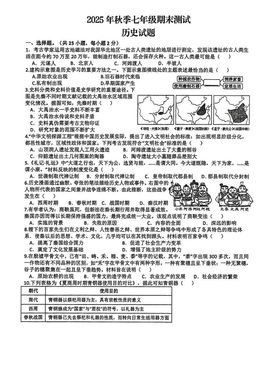 2025-2026学年四川省达州市开江县永兴中学上学期七年级期末测试历史试题（含答案）第1页