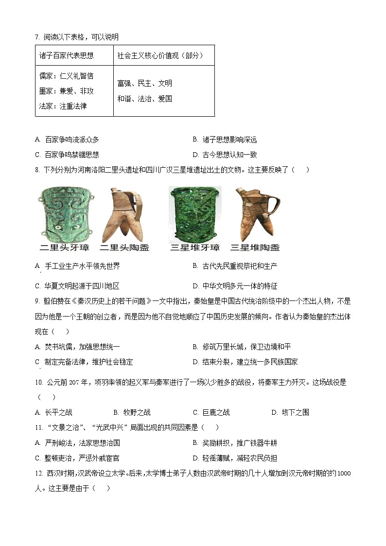 河南洛阳市汝阳县2025--2026学年上学期七年级期末历史试卷（试卷+解析）第2页