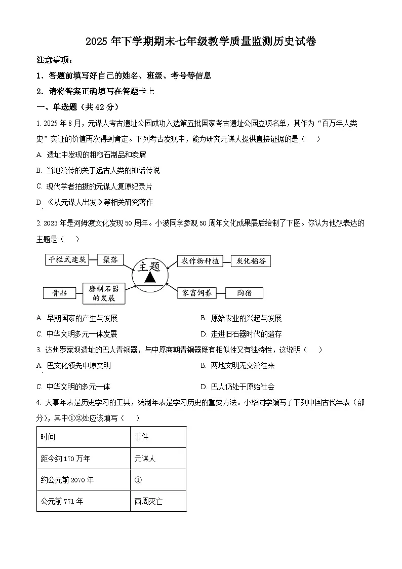 湖南怀化市溆浦县2025年七年级下学期期末教学质量监测历史试题（试卷+解析）第1页